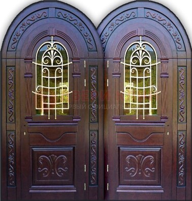 Индивидуальная арочная дверь со стеклом и ковкой ДА-19 в Костроме