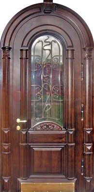 Арочная металлическая дверь массив со стеклом и ковкой ДА-50 в Гатчине