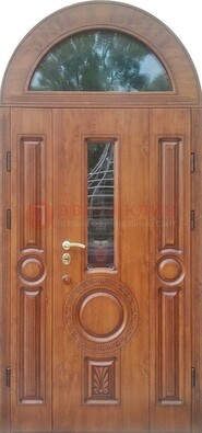 Двустворчатая железная дверь МДФ со стеклом в форме арки ДА-52 в Домодедово
