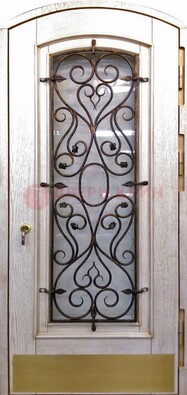 Железная дверь Винорит в форме арки со стеклом и ковкой ДА-53 в Гатчине