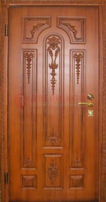 Коричневая стальная дверь с массивом дуба с рисунком ДМД-45 в Гатчине