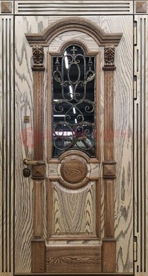 Железная дверь с массивом дуба со стеклом и ковкой ДМД-47 в Гатчине