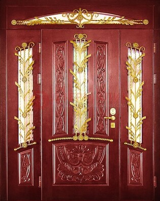 Бордовая железная парадная дверь со стеклом и ковкой ДПР-75 в Гатчине