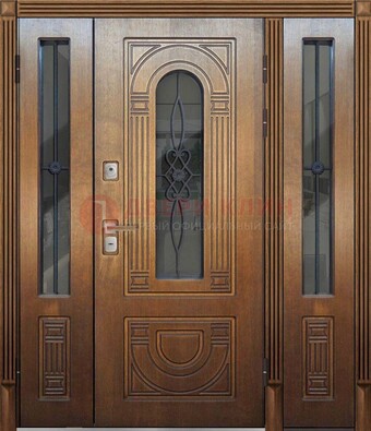 Коричневая стальная парадная дверь с фрамугой ДПР-84 в Ростове-На-Дону