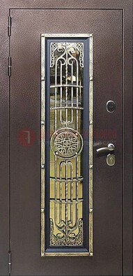 Железная дверь цвета медный антик со стеклом и ковкой ДСК-105 в Гатчине