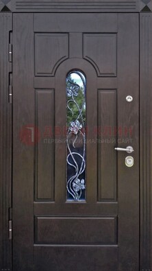 Металлическая дверь со стеклом и ковкой в цвете венге ДСК-142 в Гатчине