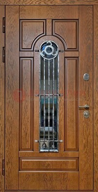 Коричневая стальная дверь со стеклом и ковкой для кирпичного дома ДСК-146 в Гатчине