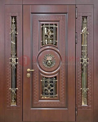 Коричневая стальная дверь со стеклом и ковкой ДСК-147 с фрамугами в Гатчине