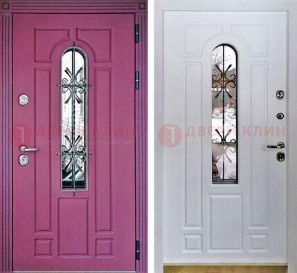 Розовая металлическая дверь со стеклом и ковкой ДСК-151 в Гатчине