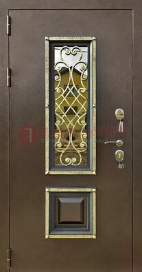 Входная дверь порошок со стеклом и ковкой для коттеджа ДСК-166 в Гатчине