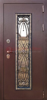 Коричневая стальная дверь порошок со стеклом и ковкой для дома ДСК-169 в Красноармейске