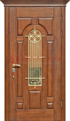 Коричневая железная дверь винорит со стеклом и ковкой ДСК-189 в Гатчине