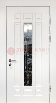 Белая стальная дверь винорит со стеклом и ковкой ДСК-191 в Гатчине