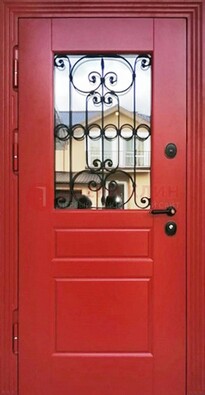 Красная железная дверь Винорит со стеклом и ковкой ДСК-205 в Гатчине