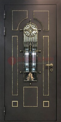 Темная входная дверь Винорит со стеклом и ковкой ДСК-211 в Гатчине