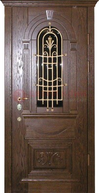 Современная железная дверь со стеклом и ковкой золотой ДСК-23 в Гатчине