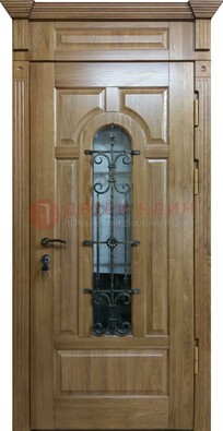 Металлическая дверь массив со стеклом и ковкой для дома ДСК-246 в Гатчине