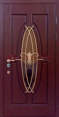 Бордовая стальная дверь Винорит со стеклом и ковкой ДСК-263 в Гатчине