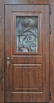 Железная дверь Винорит стекло и ковка с цветом под дерево ДСК-266 в Гатчине