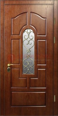 Коричневая входная дверь со стеклом и золотистой ковкой ДСК-83 в Гатчине