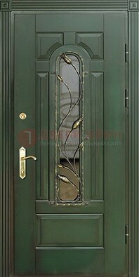Железная дверь со стеклом и ковкой ДСК-9 для офиса в Гатчине