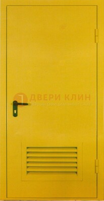 Желтая металлическая техническая дверь с вентиляционной решеткой ДТ-15 в Гатчине