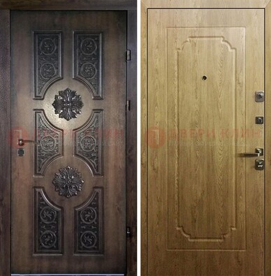 Железная коричневая дверь с виноритом и Золотой дуб внутри ДВТ-101 в Гатчине
