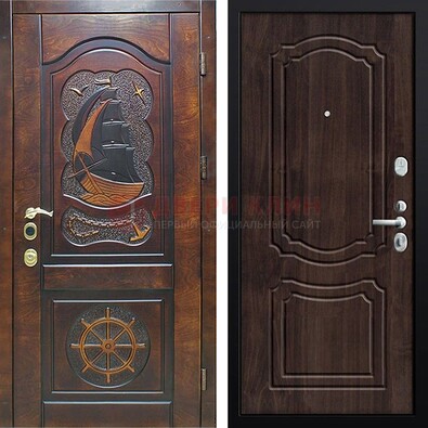 Темная железная дверь с виноритом и резьбой ДВТ-53 в Гатчине