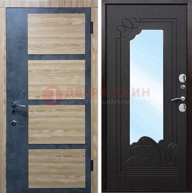 Металлическая дверь Темный орех c фрезерованной МДФ с зеркалом ДЗ-103 в Гатчине