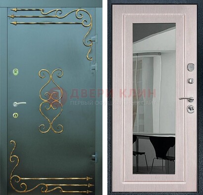 Железная темная дверь c порошковым напылением и МДФ Белый дуб с зеркалом ДЗ-110 в Великом Новгороде