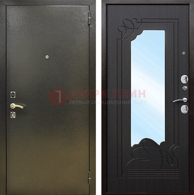Железная темная дверь c порошковым напылением и МДФ с узором и зеркалом ДЗ-111 в Гатчине