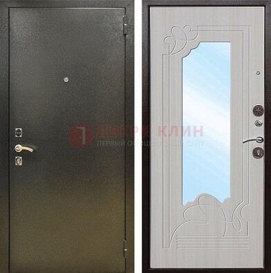 Входная темно-серая дверь c порошковым покрытием и МДФ с резьбой и зеркалом ДЗ-113 в Бронницах