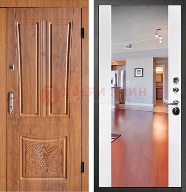 Входная коричневая дверь терморазрыв c виноритом и белая МДФ c зеркалом ДЗ-123 в Гатчине