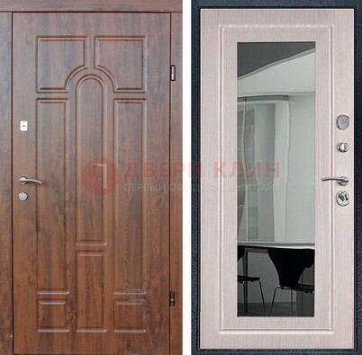 Входная коричневая дверь с МДФ Белый дуб и зеркалом ДЗ-126 в Кубинке