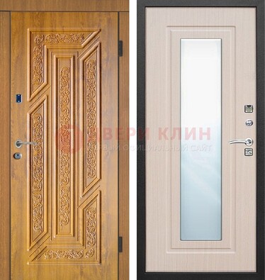 Коричневая железная дверь с зеркалом МДФ Белый дуб ДЗ-128 в Краснодаре