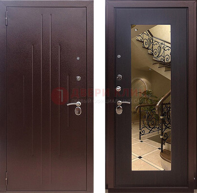 Бордовая металлическая дверь с зеркалом МДФ внутри ДЗ-17 в Гатчине