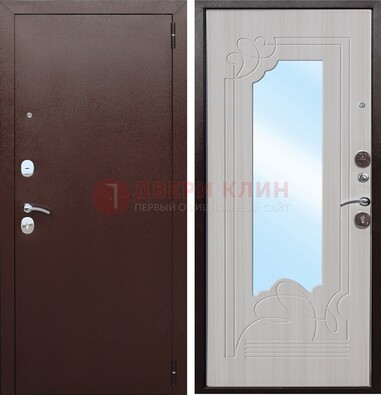 Коричневая металлическая дверь с зеркалом МДФ внутри ДЗ-33 в Великом Новгороде