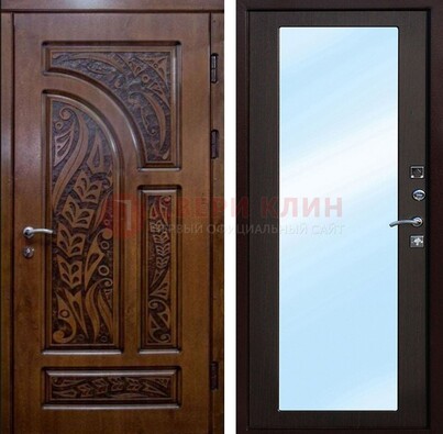 Коричневая входная дверь c узором и виноритом МДФ с зеркалом ДЗ-98 в Гатчине