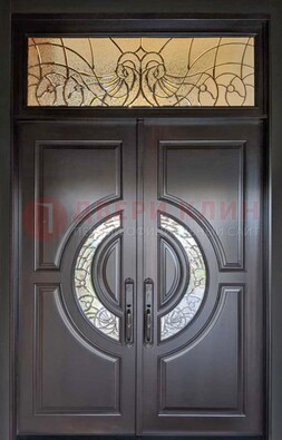 Чёрная двухстворчатая железная дверь с МДФ и витражом ВЖ-38 в Гатчине